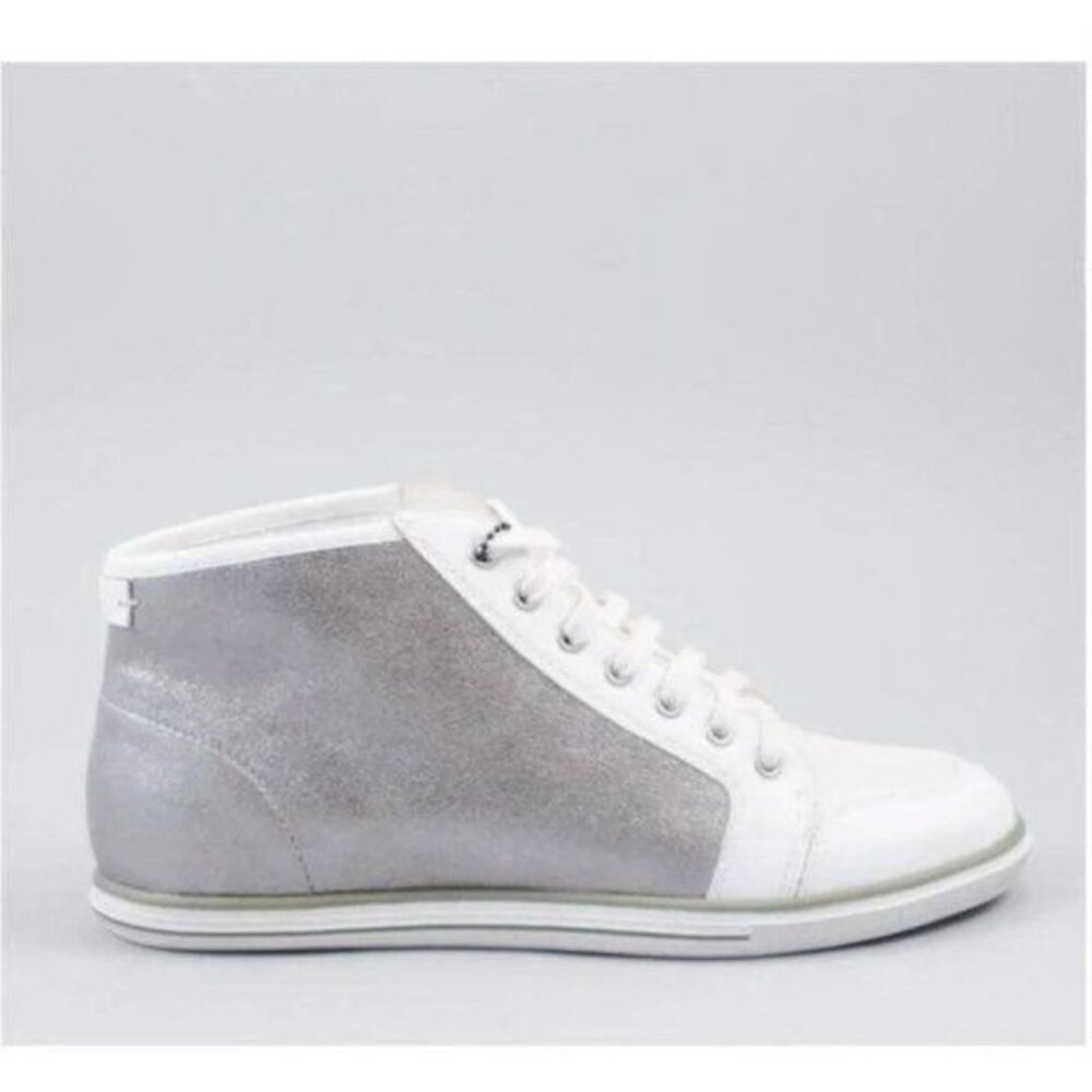 Elie Tahari High Top Sneakers 8 Silver Metallic White Leather - Picture 10 of 11